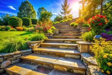 Obraz premium Large Flagstone Steps in a Sunny Summer Garden