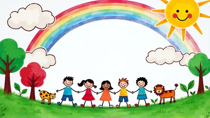 A cheerful and vibrant children's drawing depicting a happy family of three holding hands under a colorful rainbow. The scene is set against a bright blue sky with a smiling sun, fluffy clouds, and tw