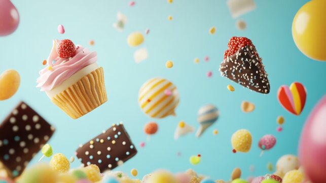 Floating desserts including cupcakes and chocolates in midair
