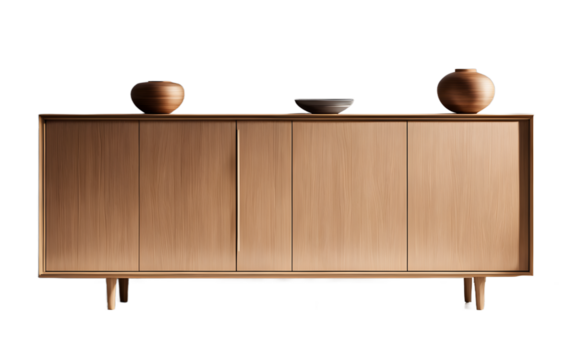 A minimalist wooden sideboard with smooth lines and no handles on a empty plain background