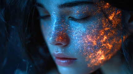 Human face adorned with luminous bacteria and probiotics, showcasing the natural balance of the skin microbiome in stunning detail