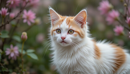 Attentive Orange Kitten with Gentle Expression Among Pink Flowers