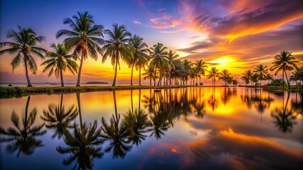 Golden Hour Twilight: Palm Trees Reflecting in Calm Water - Long Exposure Photography