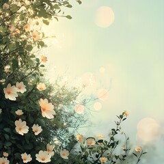 A harmonious scene of delicate flowers on the left, soft green foliage, and a dreamy summer sky with glowing light.