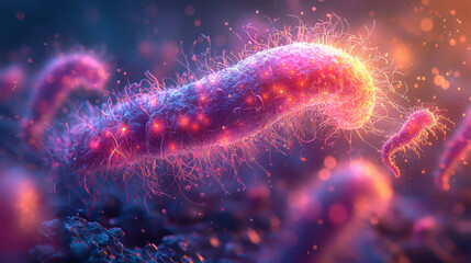 Bacterial cell division captured in high-definition with glowing bioluminescence and organic cinematic lighting