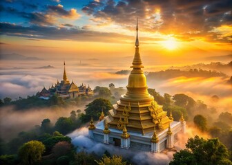 Naklejka premium Golden Mount Wat Saket Temple Bangkok Thailand Sunrise Panoramic View