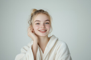 Fototapeta premium Young pretty blonde woman over isolated white background in a bathrobe