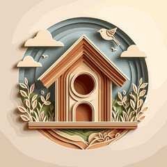 Stylized birdhouse in a colorful layered paper art design with greenery and clouds
