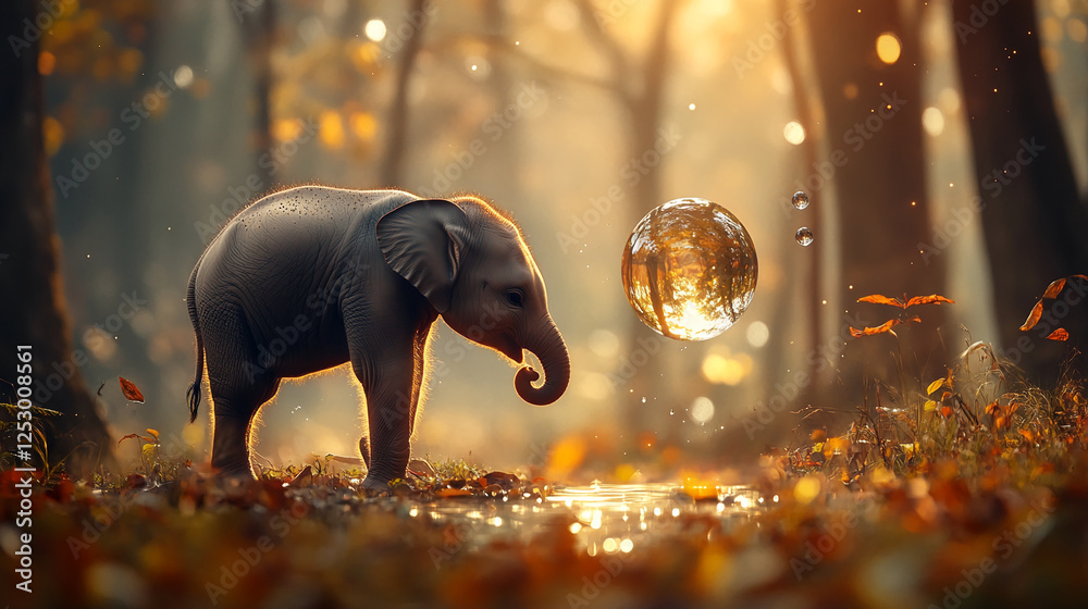 Poster a baby elephant walking through a forest with autumn leaves, interacting with floating bubbles at su