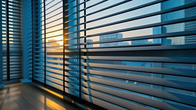 Wooden blinds on large windows, sunlight. Elegant living room interior with houseplants, wood blinds. Motorized jalousie in the smart house. Modern window shutters, roller. Duo system day and night.