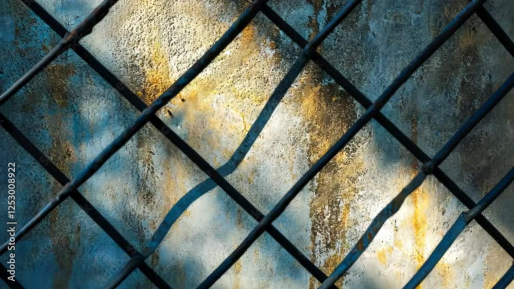 Poster exploring urban textures through shadows and patterns cast by a weathered fence. generative ai