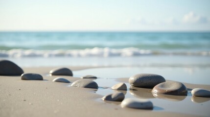 Obraz premium Tranquil Coastal Scene Smooth Stones Resting on Sandy Beach with Gentle Waves in the Background
