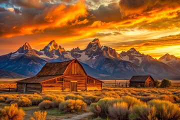 Naklejka premium Golden Sunset over Grand Teton Mountains, Abandoned Ranch, Mormon Row, Spring