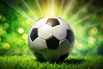 Fototapeta premium Close-up soccer ball portrait, vibrant green backdrop, stunning detail.