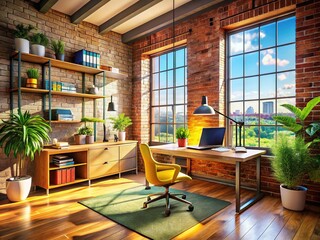 Fototapeta premium Modern Loft Home Office: Bright and Vibrant Workspace