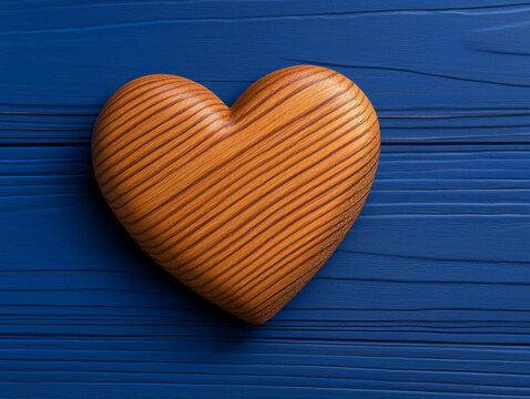 Wooden heart shape on blue wooden background.