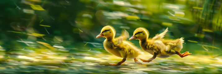  Close-up of playful yellow ducklings running on lush green grass
