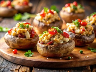 Creamy Gorgonzola, crunchy walnuts, and sweet red peppers stuff these gourmet mushrooms.  Bokeh photography highlights the elegant dish.