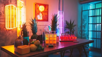 Tropical neon party setup with cocktails and glowing drinks