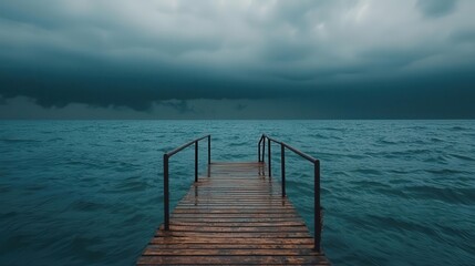 Obraz premium Empty pier overlooking a vast, calm sea under heavy gray clouds, evoking isolation