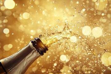 A high-speed capture of an exuberant champagne bottle pop. Golden bubbles and mist erupt as the cork flies, embodying the essence of effervescent celebration and joy.