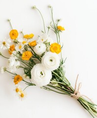 A delicate bouquet of white and yellow flowers tied with twine against a clean white background.