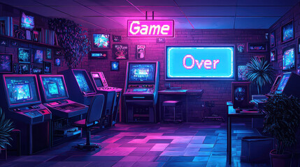 Explore a vibrant retro arcade room filled with classic consoles, glowing CRT screens, and a nostalgic 80s aesthetic night experience