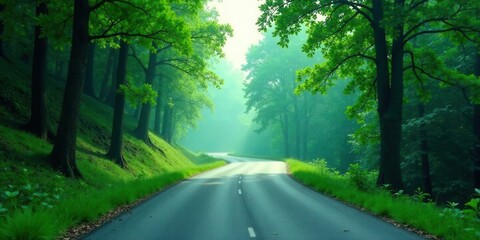Obraz premium Serene Winding Road Through Lush Green Forest Canopy on a Misty Morning