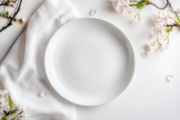 Minimalist white ceramic plate with delicate cherry blossoms on a soft white background.