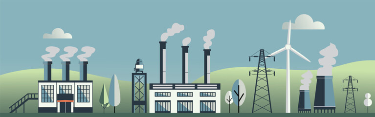 Industrial factory landscape with smokestacks emitting pollution, power lines, and renewable energy sources like wind turbines, contrast between traditional industries and clean energy solutions.