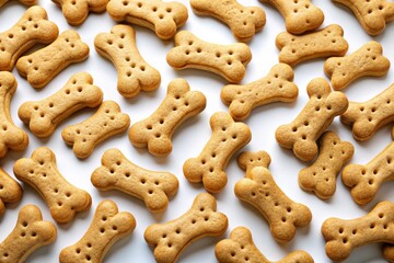 Crunchy dog biscuits, pristine white backdrop, architectural photo style showcasing pet food.