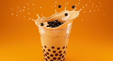 Milk tea splash with tapioca pearls on vibrant orange background