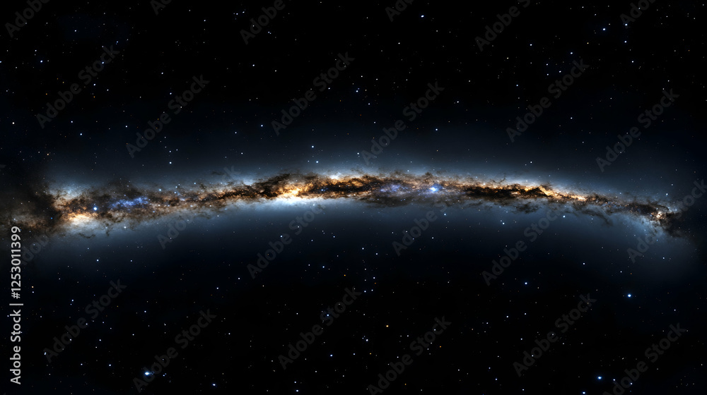 Sticker a stunning space visualization capturing an edge-on perspective of the milky way galaxy, showing a d