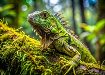 Fototapeta premium Green Iguana Climbing Tree Branch in Lush Tropical Rainforest - Macro Photography Stock Photo