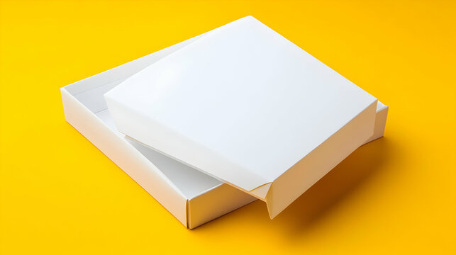 A white rectangular gift box with an open lid, displayed on a yellow surface, highlighting a clean and modern presentation style.