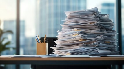 A cluttered desk with a tall stack of paperwork, a pencil holder, and a view of a cityscape through large windows.