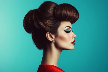 Stylish woman showcases a trendy beehive hairstyle against a vibrant teal background