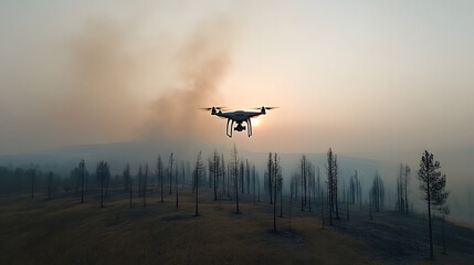 Fototapeta na wymiar Drones planting trees in wildfire scars, using technology to restore the environment. 