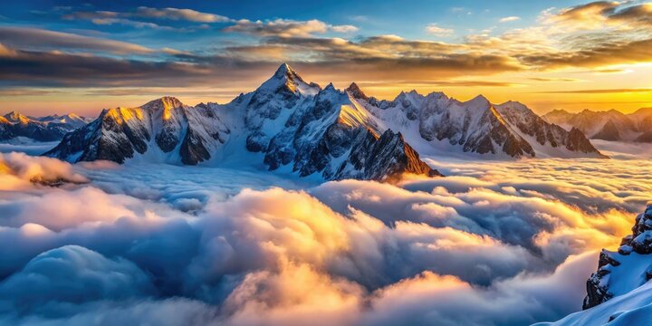 Dumba Mountains: A breathtaking aerial view of a snow-covered winter wonderland, soaring above the clouds.