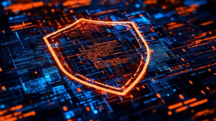 Cybersecurity shield graphic representing digital protection and data security in a tech environment at night