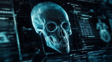 Cybersecurity analysis using holographic skull model in a futuristic digital environment
