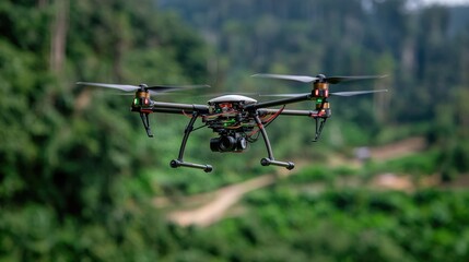 Drone aerial survey in lush forest