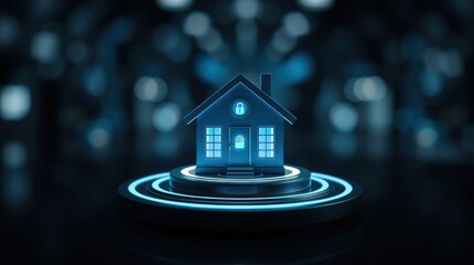 A futuristic blue house icon with a lock, set against a blurred digital background, symbolizing security
