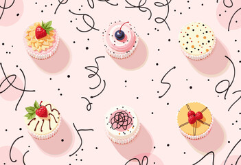 Six cupcakes with various toppings and designs, arranged in a 2x3 grid on a pink background with black swirls and dots. Vector patterns, random pattern