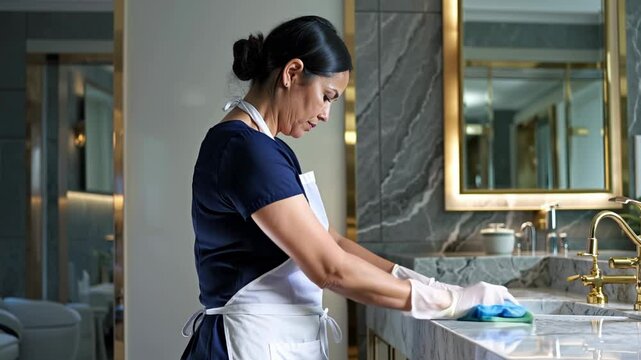 A mature Latina cleaning worker cleans a bathroom sink. She is wearing a blue shirt and an apron. The sink is modern and luxurious