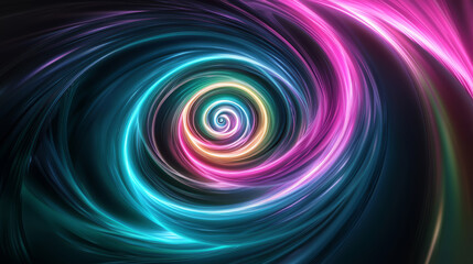 Fluorescent spirals radiating black background.