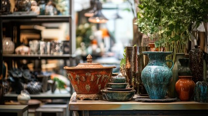 Rustic market scene with handcrafted pottery and greenery