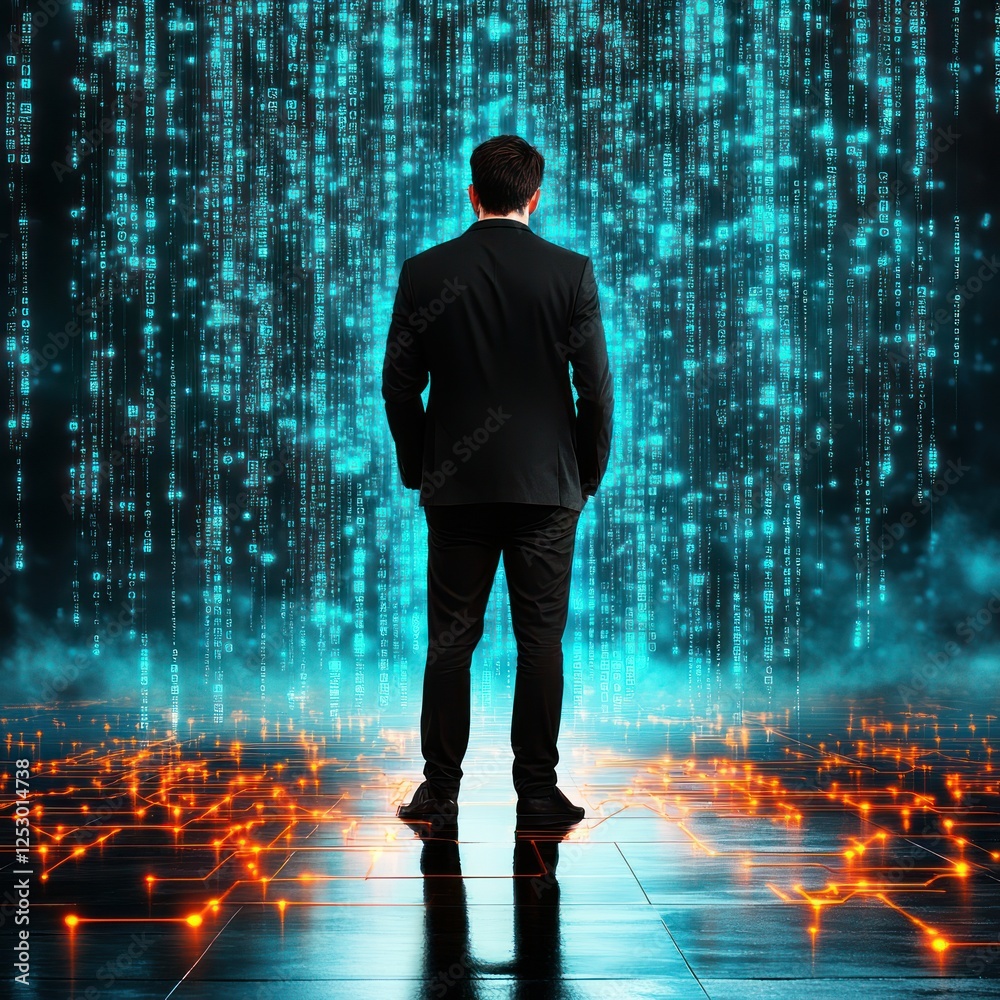 Aufkleber Person Standing Before Digital Matrix with Glowing Patterns and Binary Code in Futuristic Environment