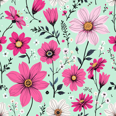 Pink and white flowers with yellow centers, interspersed with black and white flowers and leaves against a light green background. Vector patterns, random pattern