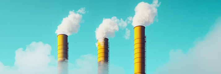 Tall factory pipes releasing soft vapor clouds under a pale blue sky.